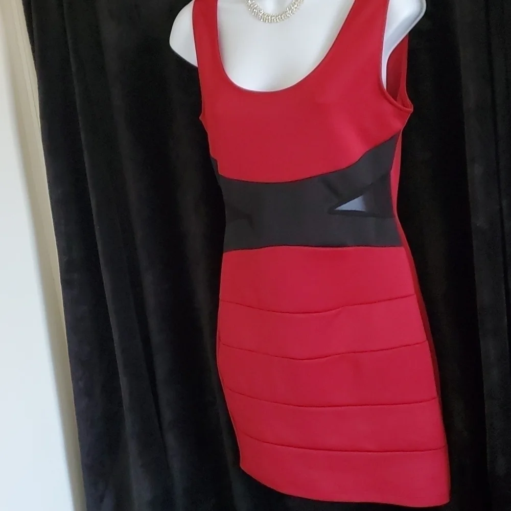 Charlotte Russe Red With Black Sheer Mini Dress Women's Size L Like New - Picture 2 of 5